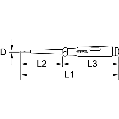 Schwarz-weiß Zeichnung eines Schraubendrehers mit Bemaßungen: D, L1, L2 und L3.